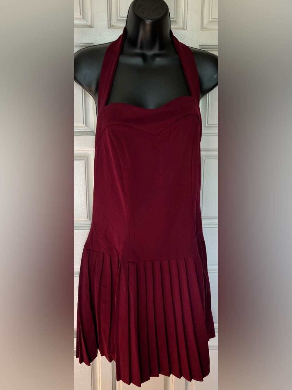 Halter Pleated Mini Dress in Burgundy